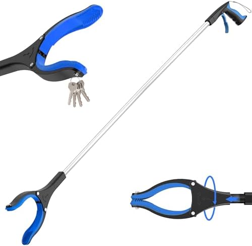 59 INCH Extra Long Grabber Reacher Tool，Trash Picker Pick Up Stick with Strong Grip Magnetic，360°Rotating Anti-Slip Jaw 4" Wide Claw Opening,Hand Grabber (Blue, 59 Inch)