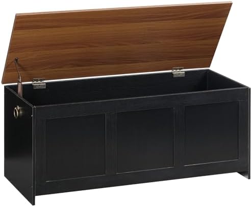 HOOBRO Storage Bench, 43.3" Retro Wooden Storage Chest, Wooden Storage Trunk, Toy Chest with Lift Top, Multifunctional Entryway Organizer, for Entryway, Living Room, Black and Walnut BH411CW01