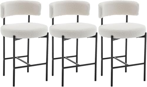 Boucle Bar Stools Set of 3, 24" Modern Counter Stools with Backs, White Upholstered Barstools for Kitchen Island, Bar, Cafe