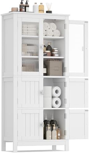 53.1" Tall Bathroom Storage Cabinet with 6 Doors and Adjustable Shlef, Bathroom Organizers and Storage, Linen Cabinet, Cupboard for Living Room, Kitchen, Entryway, White