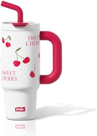 40 OZ Tumbler with Lid and Straw, Stainless Steel Water Bottle with Handle Leak Proof, Resuable Insulated Ceramic Lined Coffee Travel Mug with Lid Spill Proof Cup for Women, Cherry