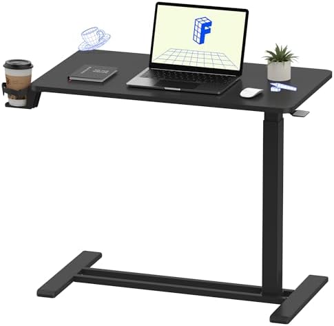 FLEXISPOT H7 Adjustable Overbed Bedside Table with Wheels Pneumatic Mobile Standing Desk Laptop Desk Rolling Computer Cart Movable Overbed Table Hospital Home Use(31.5" W x 17.7" D, Black Large)