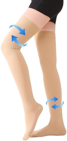 Thigh High Compression Stockings Closed Toe for Men & Women, Opaque, KEKING 20-30mmHg Graduated Compression Leg Support Hose with Silicone Band - Swelling, Varicose Veins, Edema, DVT, Beige Medium