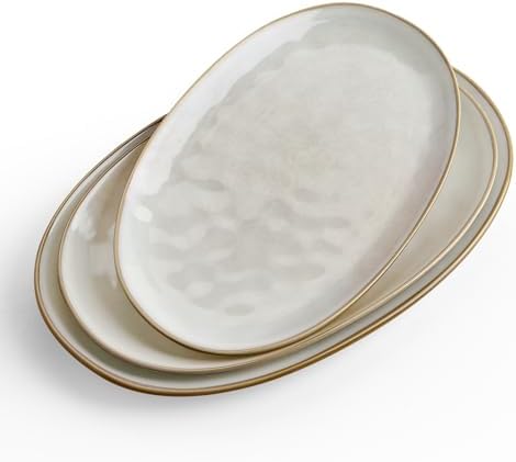 famiware Serving Platter, Oval 15.59/14.3/12.9 inch Serving Dishes for Entertaining, Serving Bowls, Microwave Safe, Stonware Serving Trays for Party, Turkey, Cheese, Ocean Series, Cappuccino White