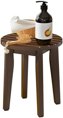 Round 16 Inch Bamboo Waterproof Shower Bathroom Stool Chair, Duty Wooden Bath Corner Shaving Legs Bench Seat, Walnut