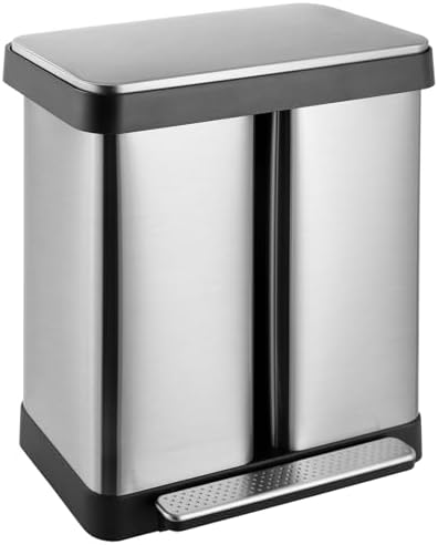 16 Gallon Dual Compartment Trash Can, Hands-Free Recycling Rectangular Garbage Bin, Stainless Steel Step-On Dustbin with Soft-Close Lid, Removable Inner Buckets, for Kitchen Home
