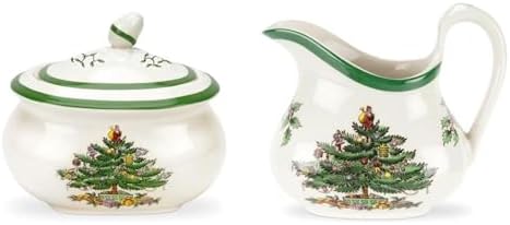 Spode Christmas Tree Sugar & Creamer Set - 16oz Sugar Bowl with Lid & 8oz Creamer - Fine Earthenware Holiday Tea & Coffee Serving Set - Dishwasher Safe Festive Tableware