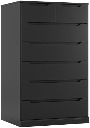 HITHOS 51" Tall 7 Drawers Dresser, Modern Black Dresser, Wood Dressers & Chests of Drawers with Cut-Out Handles, Upright Drawer Chest, Accent Vertical Dressers Storage Cabinet for Living Room, Black