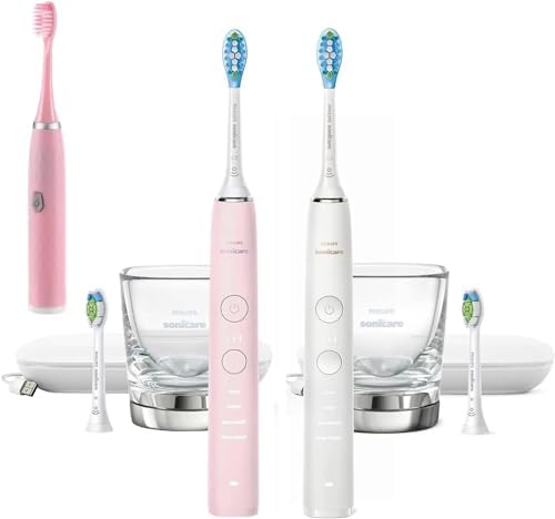 Philips Sonicare DiamondClean 9000 Connected Rechargeable Electric Power Toothbrush, 2-Pack, Pink + White - Bluetooth, 3 Intensities, 2 Weeks Operating time, Charging Travel Case