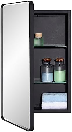 Black Bathroom Mirror Medicine Cabinet with Round Corner Framed Door and Beveled Edge Mirror 15 x 25 inch, Recessed or Surface Mount, with Adjustable Glass Shelves