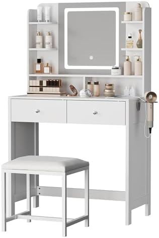 White Vanity with Lighted Mirror, 8 Shelves, 2 Drawers, Charging Station, Hair Dryer Holder & Stool, LED Mirror with 3 Light Modes