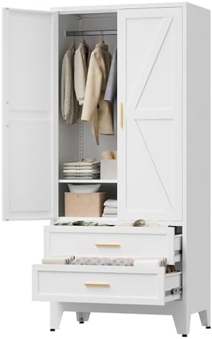71" Tall Metal Wardrobe Cabinet with 2 Drawers and Hanging Rod, 2 Doors Armoire Wardrobe Closet with Shelf for Bedroom, Office, Laundry Room, White