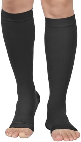 MGANG Plus Size Compression Socks Open Toe for Women Men, Extra Wide Calf 5XL Knee-Hi Compression Stockings, 20-30 mmHg Support Socks Ideal for Varicose Veins, Spider Veins, Lymphedema, Black 5X-Large