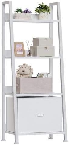 Furologee 4-Tier White Ladder Shelf, Ladder Bookshelf with Removable Drawer, Bookcase Storage Rack Organizer, Freestanding Storage Shelves for Living Room, Home Office, Bedroom