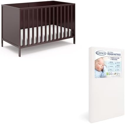 Graco Theo Crib and Mattress Nursery Essentials Pack (Espresso) – GREENGUARD Gold Certified Baby Crib & Crib Mattress, Cribs with Mattress Included, Convertible Crib, Baby Mattresses for Crib