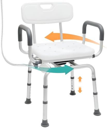 360 Degree Shower Chair Swivel,Portable Seat with Armrests and Back, Adjustable Height Seat for Bathtub (White1)