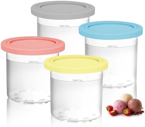 4 Pack Ice Cream Containers Compatible with Ninja Creami NC299AMZ NC300 & NC301 Series Ice Cream Maker, Replacement Pints Containers and Lids, BPA-Free & Dishwasher Safe, Grey/Blue/Pink/Yellow