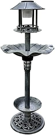 BTEXPERT BB5188 Outdoor Solar Garden 43" Bird Bath Vintage Stone Gray Lighted Pedestal Fountain Flower Birdbath Planter Accents Yard Statue Feeder, Decorative Cage, Fillable Stand Polyresin