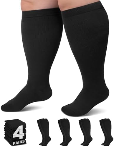 4 Pairs Plus Size Compression Socks for Women Wide Calf Men L/XL-4XL (15-20mmhg) Knee High Support Compression Stockings for Women Wide Calves Big Calf Wide Leg Foot for Nurses and Flying