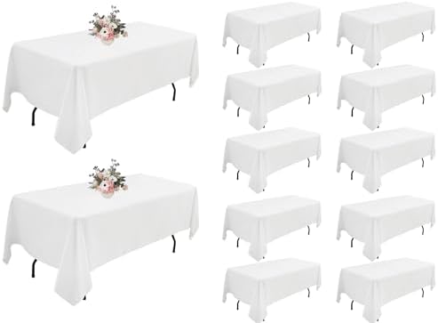 12Pack White Rectangle Tablecloths - 60x102 Inch Polyester Tablecloths for 6 Foot Tables, Wrinkle Resistant Washable Fabric White Table Clothes for Christmas, Wedding, Banquet, Party