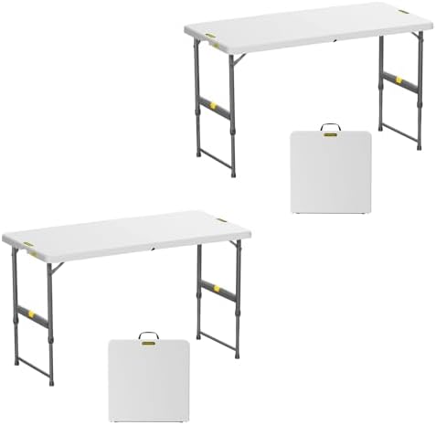 FanttikOutdoor 4ft Portable Folding Table, One-Handed Height Adjustment, 4 Heights, Gravity Lock, Carry Handle, Indoor Outdoor Heavy Duty Fold-in-Half Utility Table, Party, 2-Pack, White Zeta X4 Pro