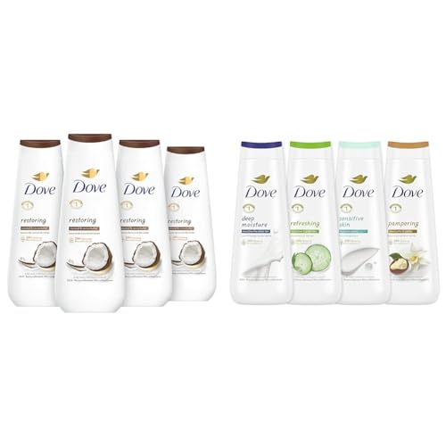 Dove Body Wash Restoring Coconut & Cocoa Butter 4 Count and Deep Moisture, Sensitive Skin, Cucumber and Green Tea, Shea Butter & Vanilla Collection 4 Count with 24hr Renewing MicroMoisture 20 oz Each