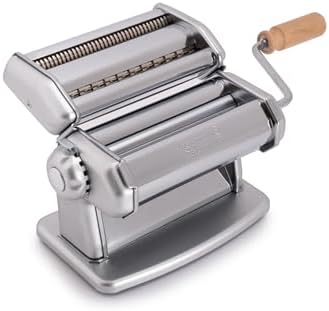 Imperia IPasta Classic Pasta Maker- 100% Made in Italy- Pasta Machine with Durable Steel Construction- Cutter Attachment Accessory for Lasagna, Fettucine & More- Manual Roller w Wooden Handle (Silver)