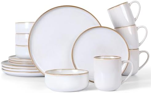 LIANYU 16 Piece Dinnerware Dish Sets for 4, Stoneware Plates and Bowls, Dishware Set with Dinner Salad Plates, Bowls, Mugs, Microwave & Dishwasher Safe, Pearl White