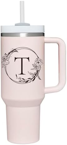 AMZUShome Personalized 40oz Tumbler Cup with Initials.Cup with Letter T 40oz Tumbler with Handle.Custom Tumbler Cup with Letter.Initial Monogram Tumbler Mug Gifts for Women Birthday Christmas.
