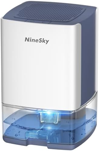 NineSky Dehumidifier for Home, 35oz Water Tank (300 sq.ft), Small Dehumidifiers for Bathroom, Bedroom, Basement with 7 Colorful Lights, Auto Shut Off, White Blue
