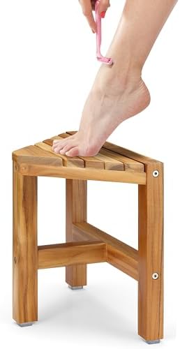 PERFNIQUE Teak Shower Foot Rest, 12'' Teak Shower Stool for Shaving Legs, Small Waterproof Corner Shower Stool Bench for Inside Shower or Bathroom