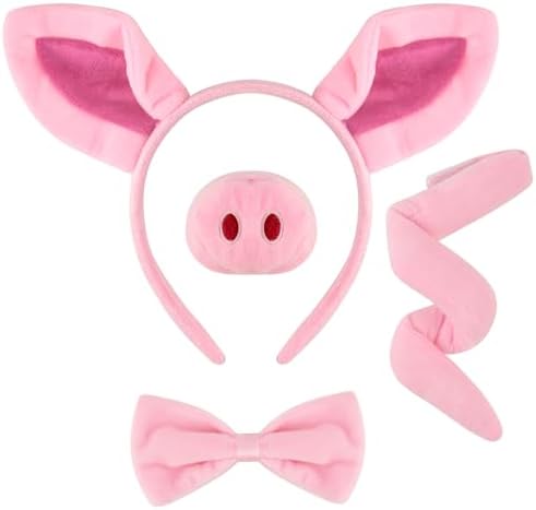 4 Pieces Pig Costume Set Pig Ears Headband Pig Nose Bow Tie Pig Tail Fancy Animal Cosplay Pig Costume Pink Animal Costume Accessories for Halloween Christmas Cosplay Animal Dress up Party