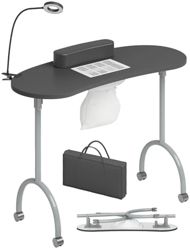 TABU Portable Manicure Nail Table, Foldable Manicure Table with Dust Collector Fan, LED Lamp, 4 Lockable Wheels and Carry Bag, Professional Nail Desk with Wrist Cushion (Black)