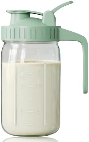 Breast Milk Pitcher, Mason Jar 32 oz, Heavy Duty Wide Mouth Jar with Green Flip Cap Lid and Pour Spout, Airtight Seal for Freshness and Convenience, Great for Cold Beverages and Home Entertaining