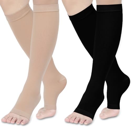 Ktinnead Compression Socks for Women and men 20-30 mmhg, Knee High Graduated Compression Stockings, Opaque, Open Toe, Unisex, Beige & Black, X-Large