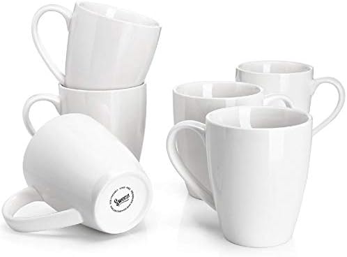 Sweese Porcelain Coffee Mugs - 16 Ounce - Set of 6, Cups for Latte, Hot Tea, Cappuccino, Mocha, Cocoa, White