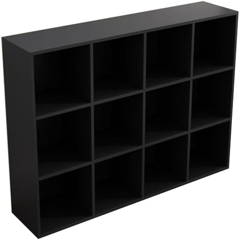 12-Cube Storage Shelf Bookcase - Wooden 3-Tier Floor Standing Open Bookshelf for Home and Office, Display Cabinet, Black