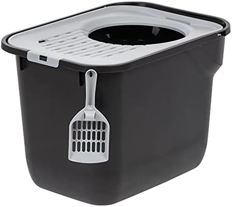 IRIS USA Cat Litter Box, Top Entry Litter Box with Scoop, Large Cat Litter Box Enclosure, Kitty Litter Box, Litter Box with Litter Catching Lid, Black/Gray