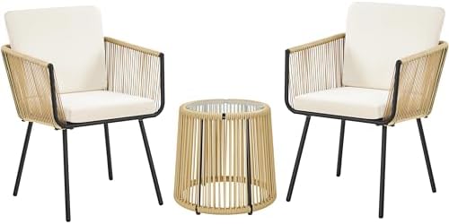 Yaheetech 3 Piece Patio Rattan Bistro Set, Outdoor All Weather PE Wicker Conversation Furniture Set with 2 Chairs & Tempered Glass Top Table & Cushions, for Poolside/Porch/Garden/Yard, Tan/Cream
