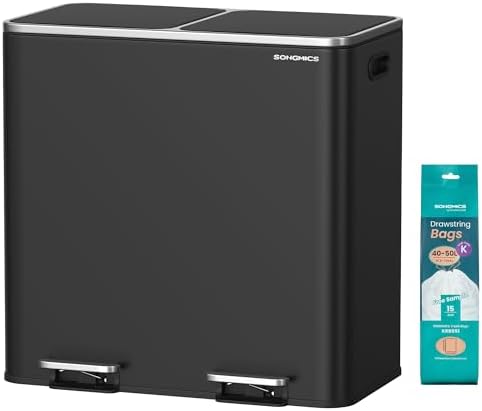 SONGMICS Trash Can, 2 x 10.6 Gallon (2 x 40 L) Garbage Can for Kitchen, with 15 Trash Bags, 2 Compartments, Plastic Inner Buckets and Hinged Lids, Airtight, Black ULTB730B80