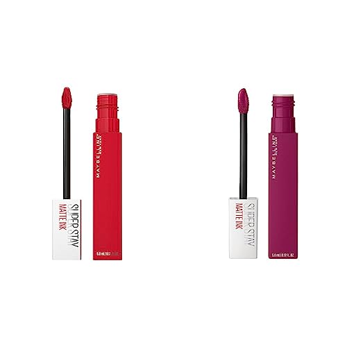 MAYBELLINE Super Stay Matte Ink Liquid Lipstick Makeup Long Lasting High Impact Color Up to 16H Wear Composer Cherry Brown Shot Caller Bright Pinky Red 1 Count Each