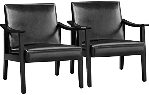 Yaheetech PU Leather Accent Chair, Mid-Century Modern Armchair with Solid Wood Legs, Reading Leisure Chair with High Back for Living Room Bedroom Waiting Room, 2 Pieces, Black