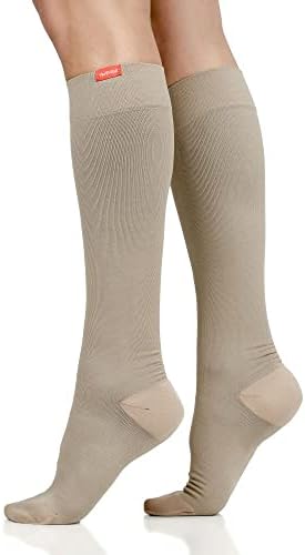 VIM & VIGR 30-40 mmHg Compression Socks for Women & Men (Cashew Solid Moisture Wick Nylon, Small/Medium Wide Calf (4))