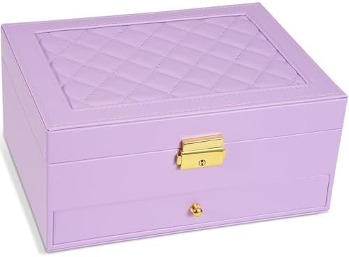 2-Layer Jewelry Box for Women Girls, Jewelry Organizers and Storage with Removable Jewelry Tray, Vintage Quilted Top Lockable Jewelry Holder Gift Idea Light Purple