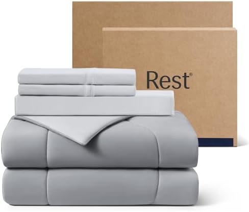 REST® Evercool®+ Cooling Comforter Set, Queen, Light Gray, 4pcs with Cooling Blanket, Wrinkle-Free Deep Pocket Fitted Sheet, 2 Silver-Infused Pillowcases for Skin and Hair Bed Set for Ultra Comfort