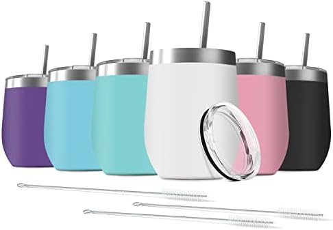 6 Pack 12 oz Stainless Steel Wine Tumbler with Lids, Double Wall Vacuum Insulated Travel Cup Including 6 Straws Set for Coffee, Cocktail, Drink, Tea and Beer (Assorted Colors)