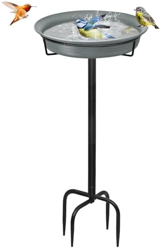 28In Freestanding Birdbaths Bowl Outdoor, Free Standing Garden Bird Bath Bird Feeder Bowl with Metal Stake, Detachable Decoration Spa Birdfeeder for Garden Patio Yard Lawn, 4 Spiky Feet (Grey)
