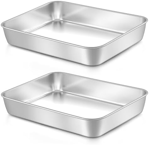 LIANYU Baking Pan Set of 2, 12⅓ x 9¾ x 2 Inch Cake Lasagna Brownies Casseroles Pan, Rectangle Stainless Steel Bakeware Set for Baking Roasting Toaster Oven, Dishwasher Safe