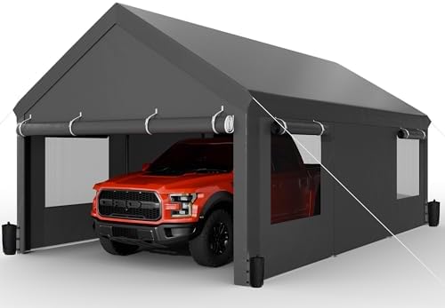 JAMFLY Carport, 12x20 ft Heavy Duty Carport with Roll-up Windows, Portable Garage with Removable Sidewalls & Doors, Car Canopy with Sandbags and All-Season Tarp for Car Boat Truck Motorcycle