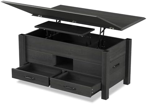 Lift Top Coffee Table, 39.4" Multi-Function Convertible Coffee Table with 4 Storage Drawers & Hidden Compartment, Wood Center Table for Living Room, Dining Room, Home Office, Black